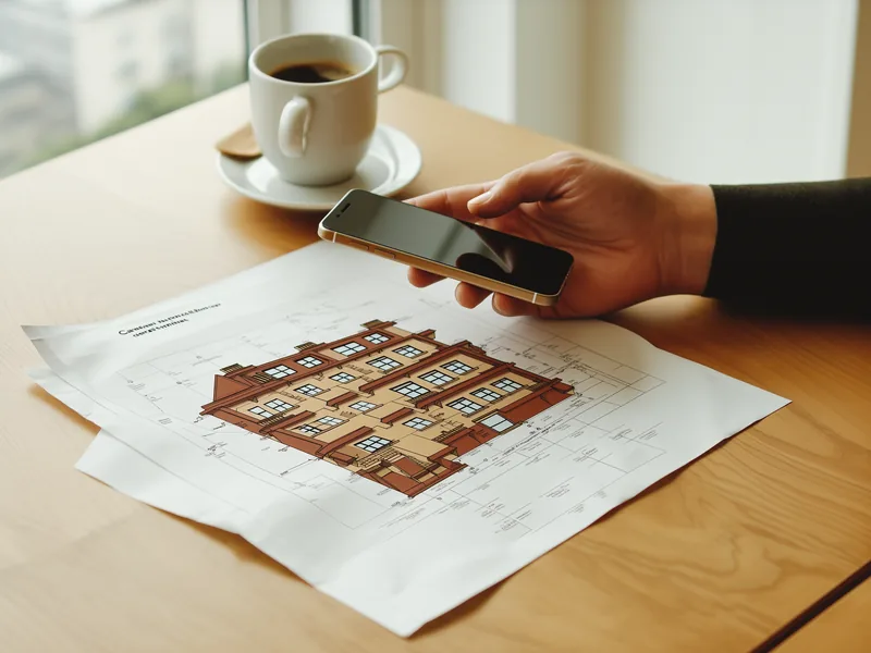 Mano con un móvil sobre el plano de un piso, junto a una taza de café